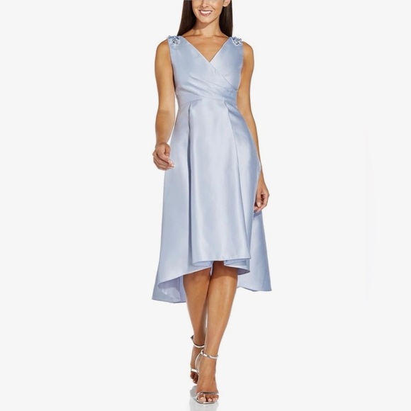 Adrianna Papell Dresses & Skirts - Wedding Guest Adrianna Papell Dusty Blue Satin Midi Dress Size 12 NWT Elegant